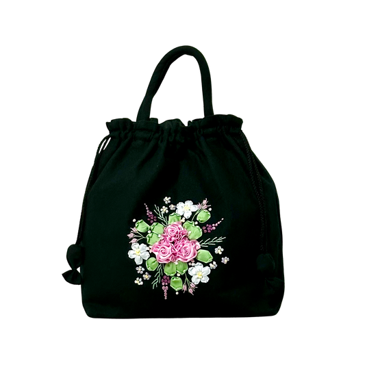 Black Pouch Bag with Ribbon Embroidery-Light Pink Roses