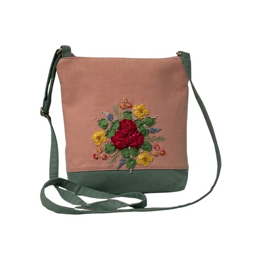 Peach/Mint Green Sling Bag with Ribbon Roses Embroidery Design