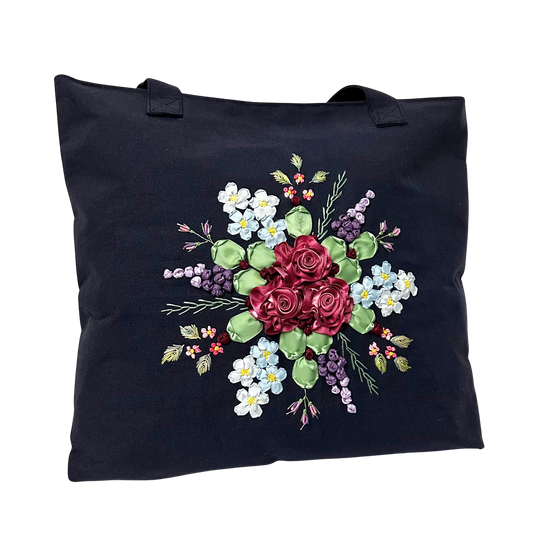 Dark Blue tote bag with colorful floral embroidery SIZE L