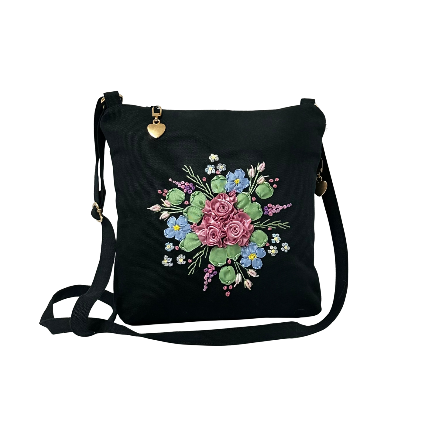 Black bag with floral embroidery on a white background
