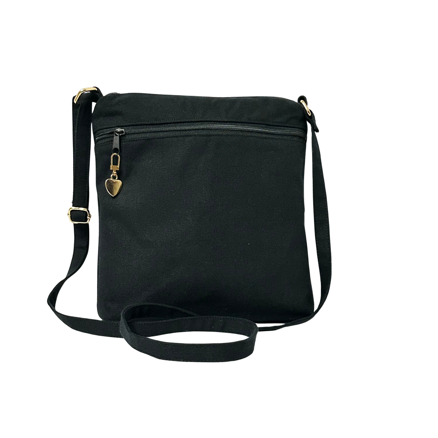 The back of a black crossbody bag with a strap on a white background