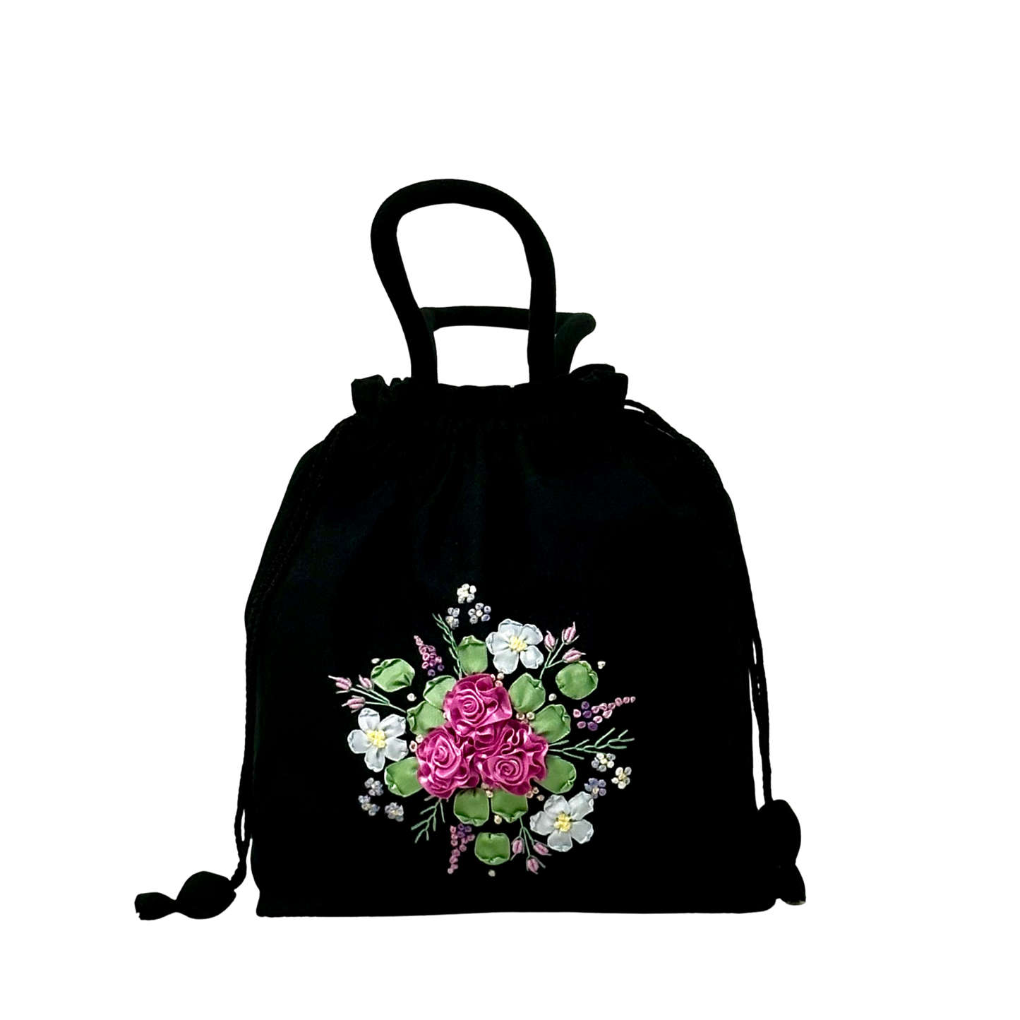 Black drawstring bag with Dark Pink Roses