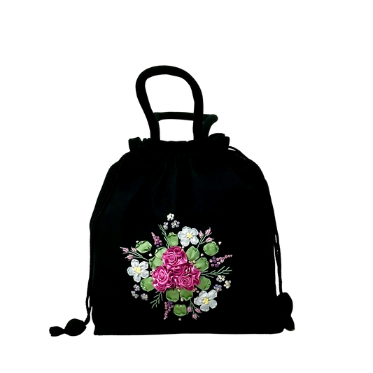 Black drawstring bag with Dark Pink Roses