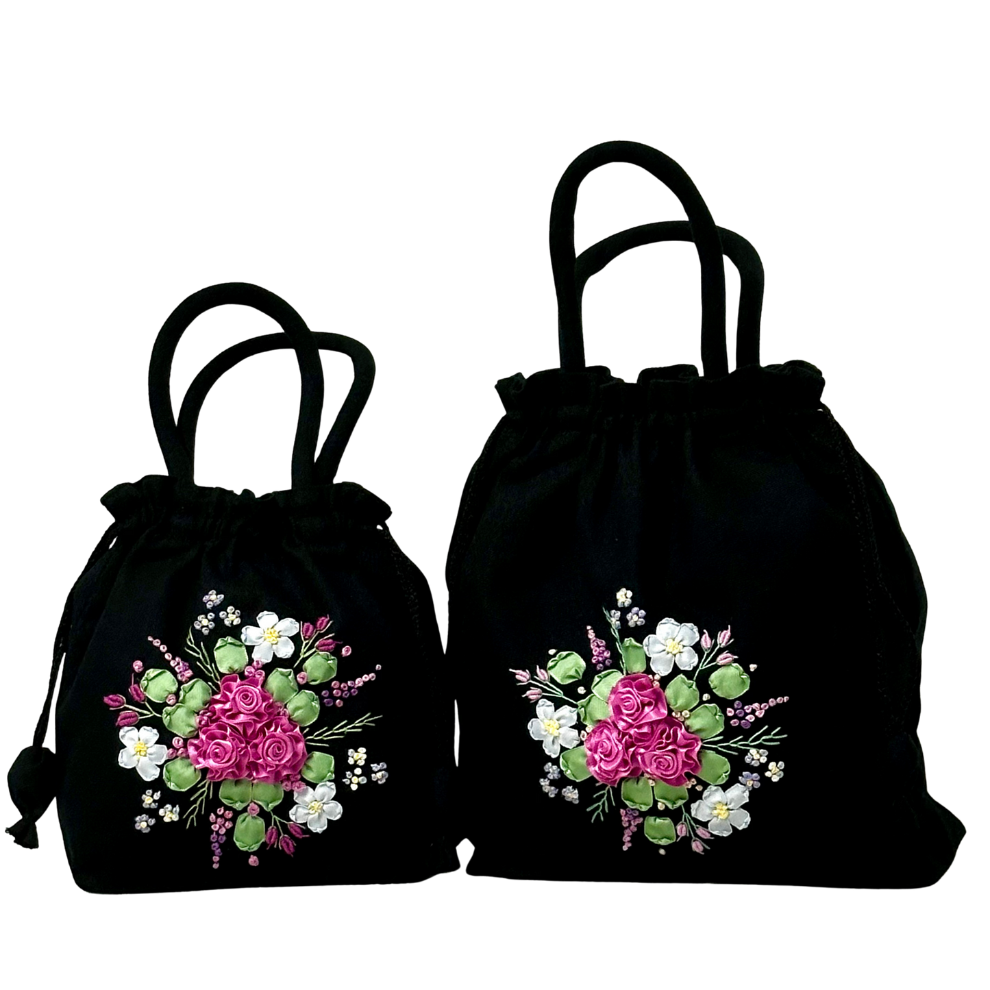 Two black drawstring bags with ribbon embroidery-dark pink roses