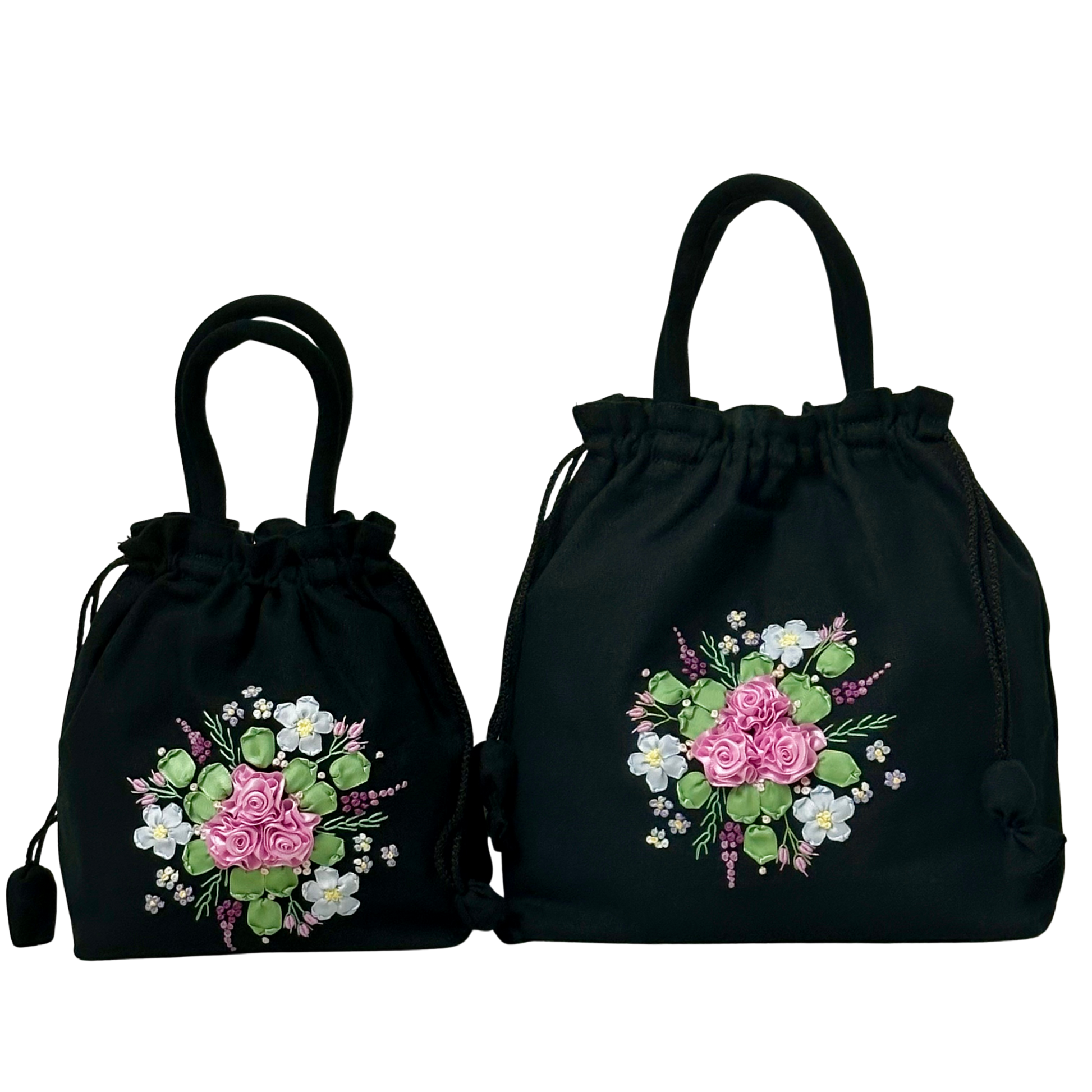 Two black drawstring bags with ribbon embroidery-light pink roses