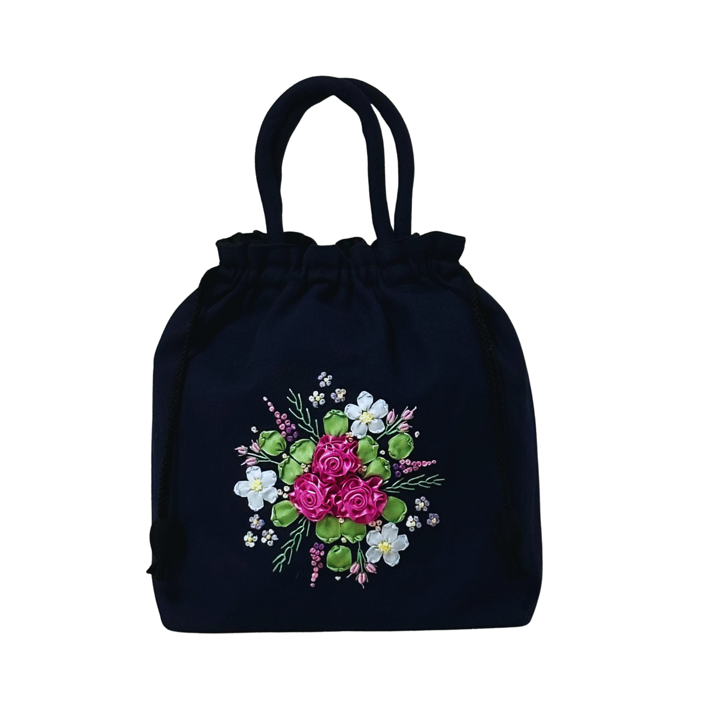 Dark blue drawstring bag with ribbon embroidered pink roses