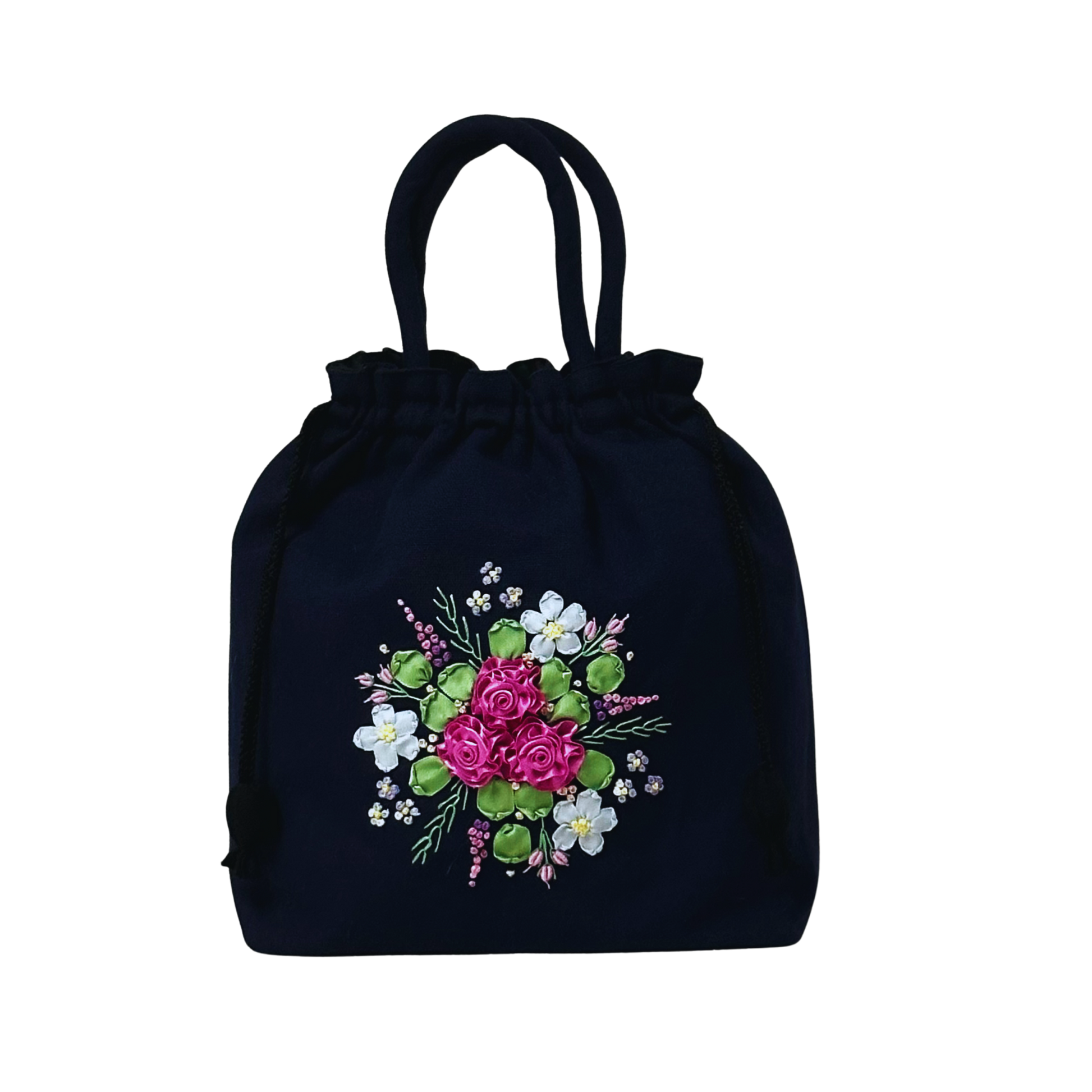 Dark blue drawstring bag with ribbon embroidered pink roses