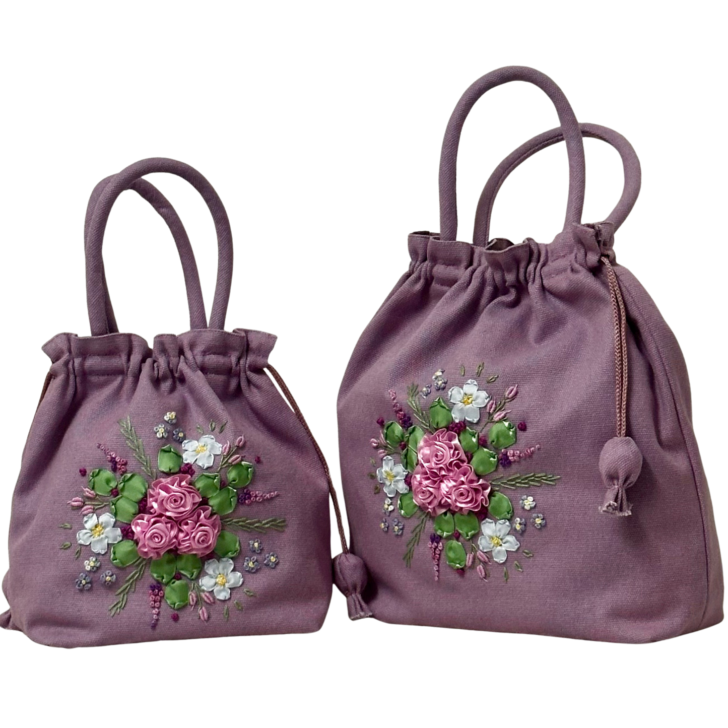 Ribbon Embroidered purple mother and daughter drawstring bags with light pink roses