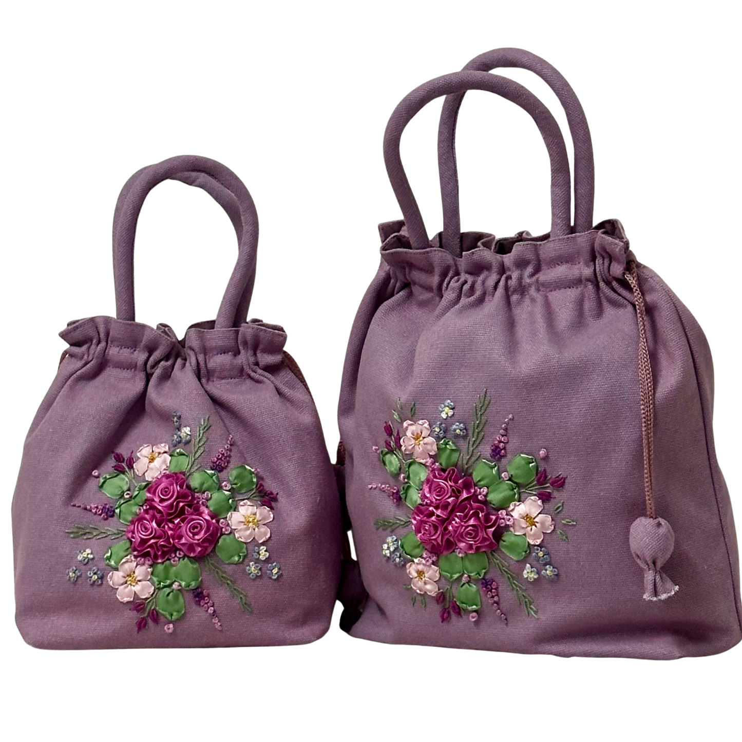 Ribbon Embroidered purple mother and daughter drawstring bags with dark pink roses