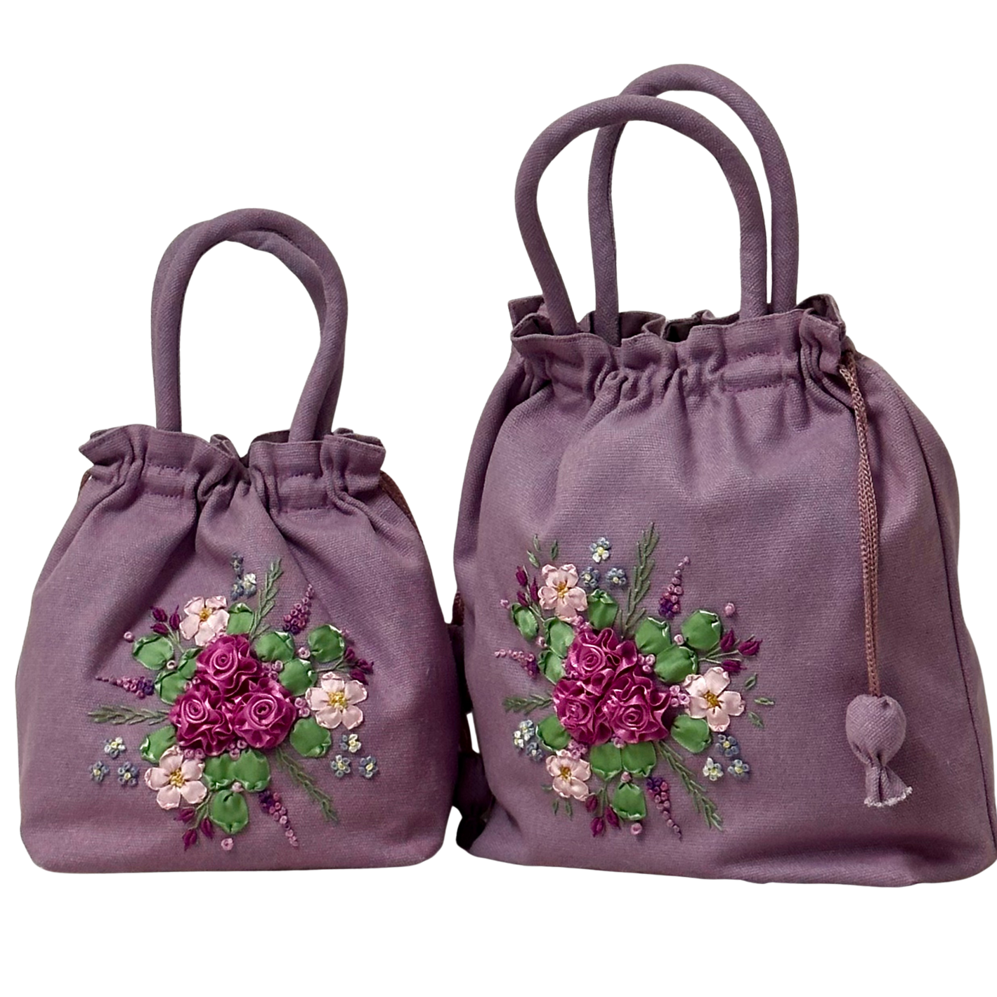 Ribbon Embroidered purple mother and daughter drawstring bags with dark pink roses