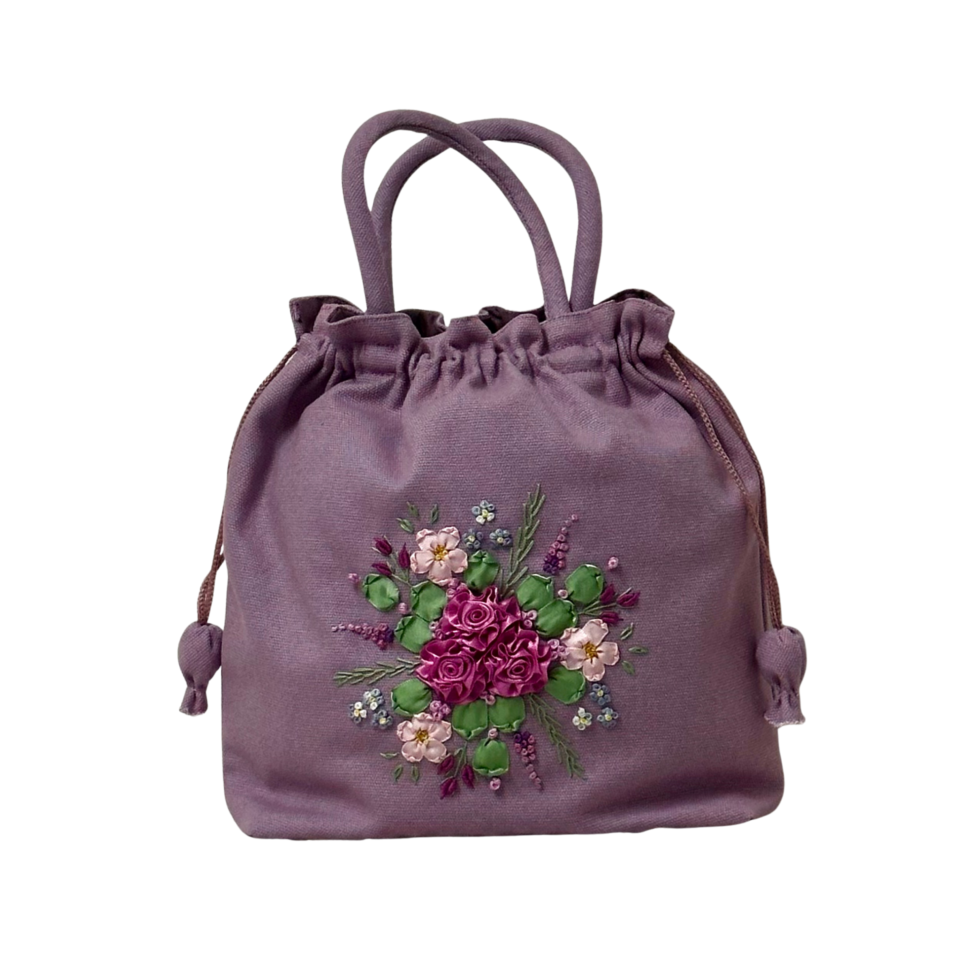 Ribbon Embroidered Dusty Purple drawstring bag with fdark pink roses