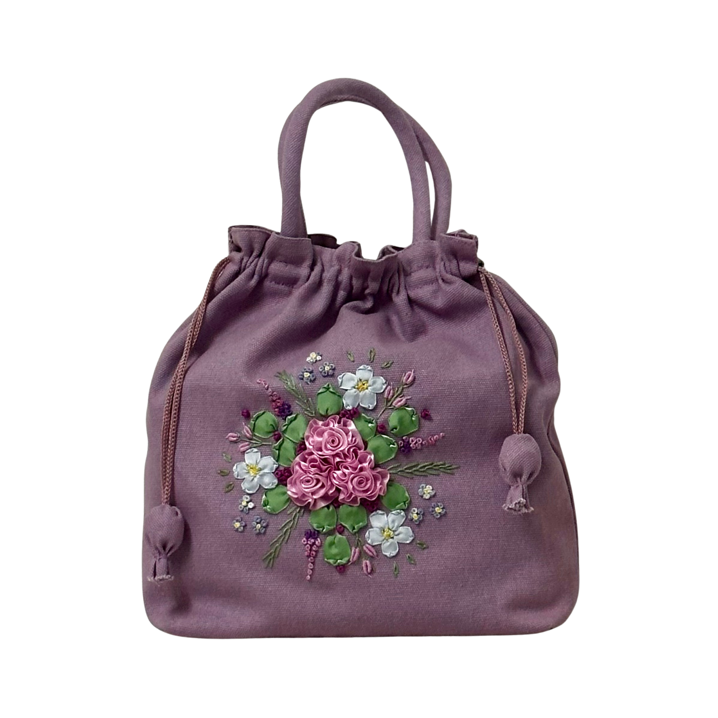 Dusty purple drawstring bag with floral embroidery 