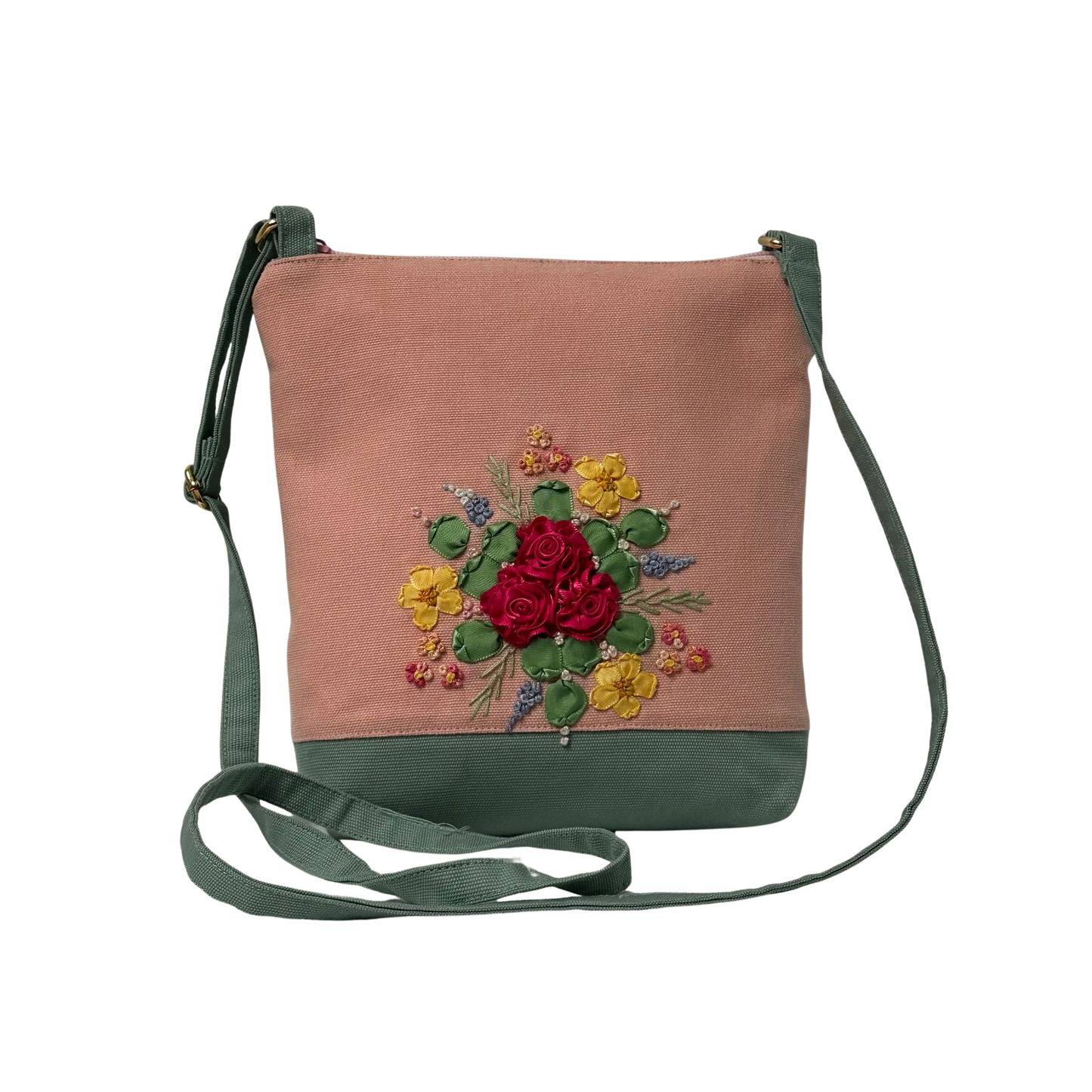 Peach/Mint Green Sling Bag with Ribbon Roses Embroidery Design