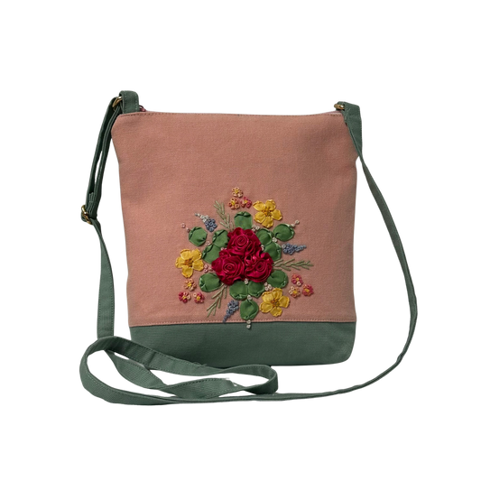Peach/Mint Green Sling Bag with Ribbon Roses Embroidery Design