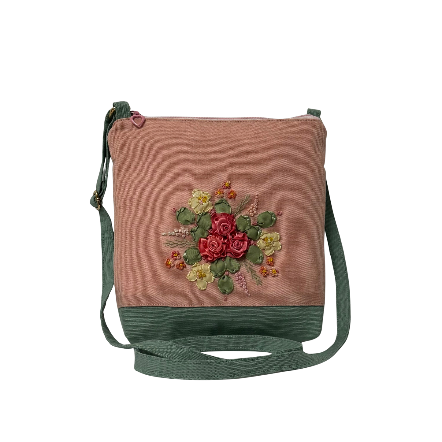 Peach/Mint Green Sling Bag with Ribbon Roses Embroidery Design