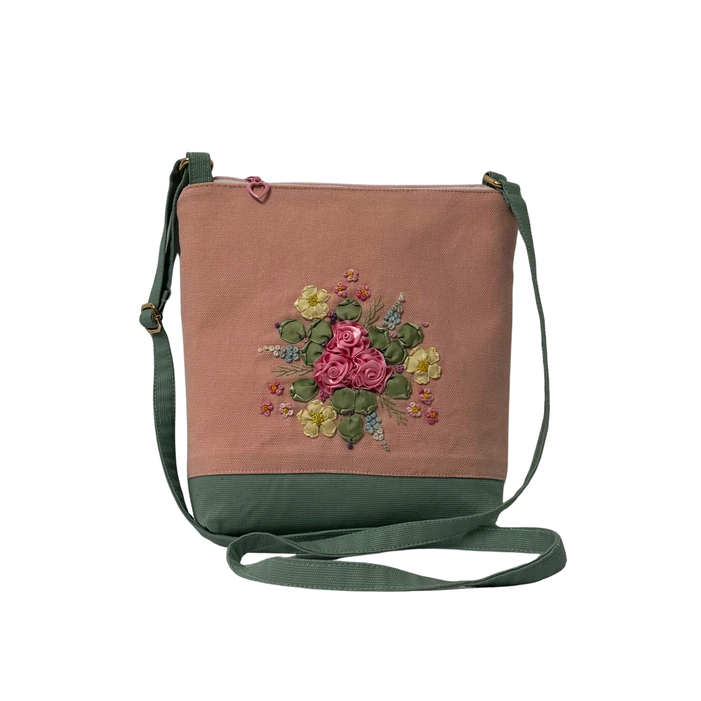 Peach/Mint Green Sling Bag with Ribbon Roses Embroidery Design
