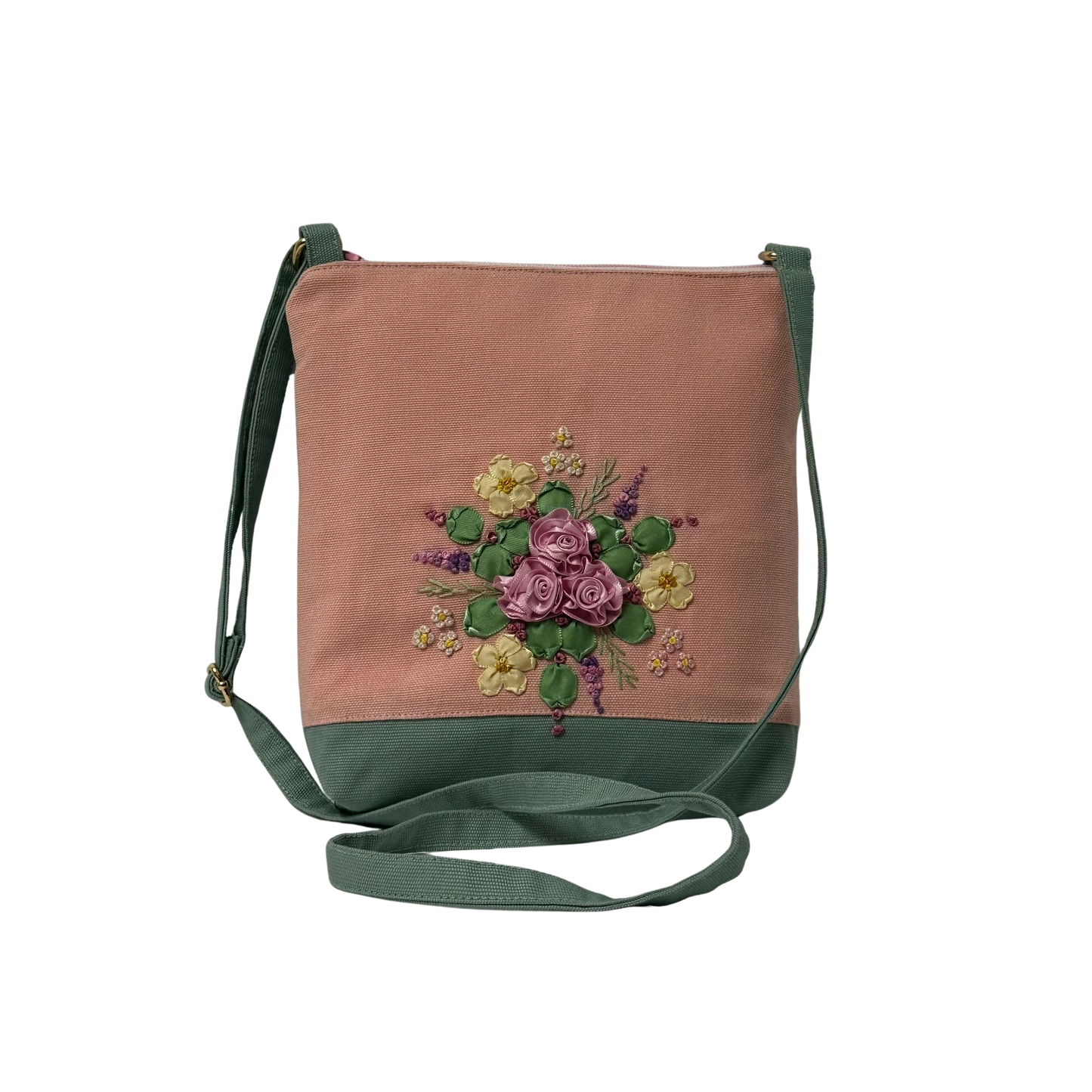Peach/Mint Green Sling Bag with Ribbon Roses Embroidery Design