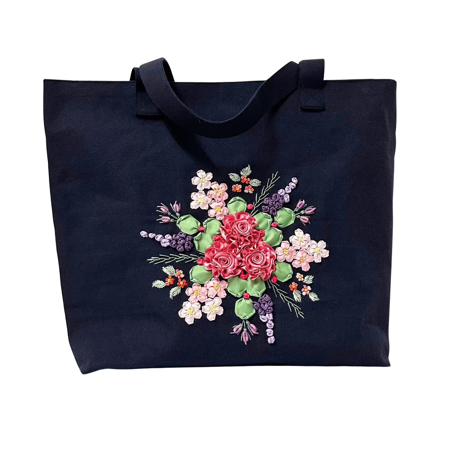 Dark blue tote bag with floral embroidery SIZE L