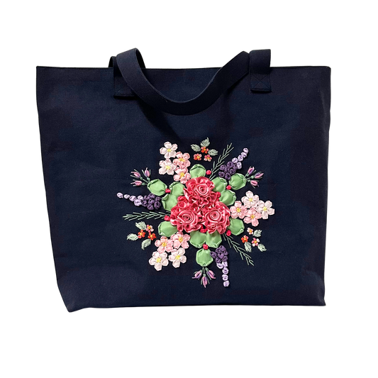 Dark blue tote bag with floral embroidery SIZE L