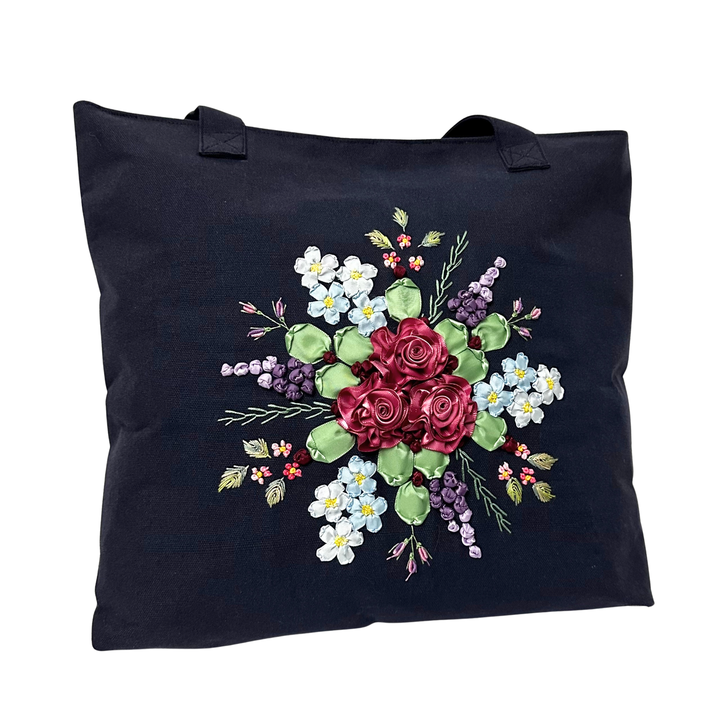 Dark Blue tote bag with colorful floral embroidery  SIZE L