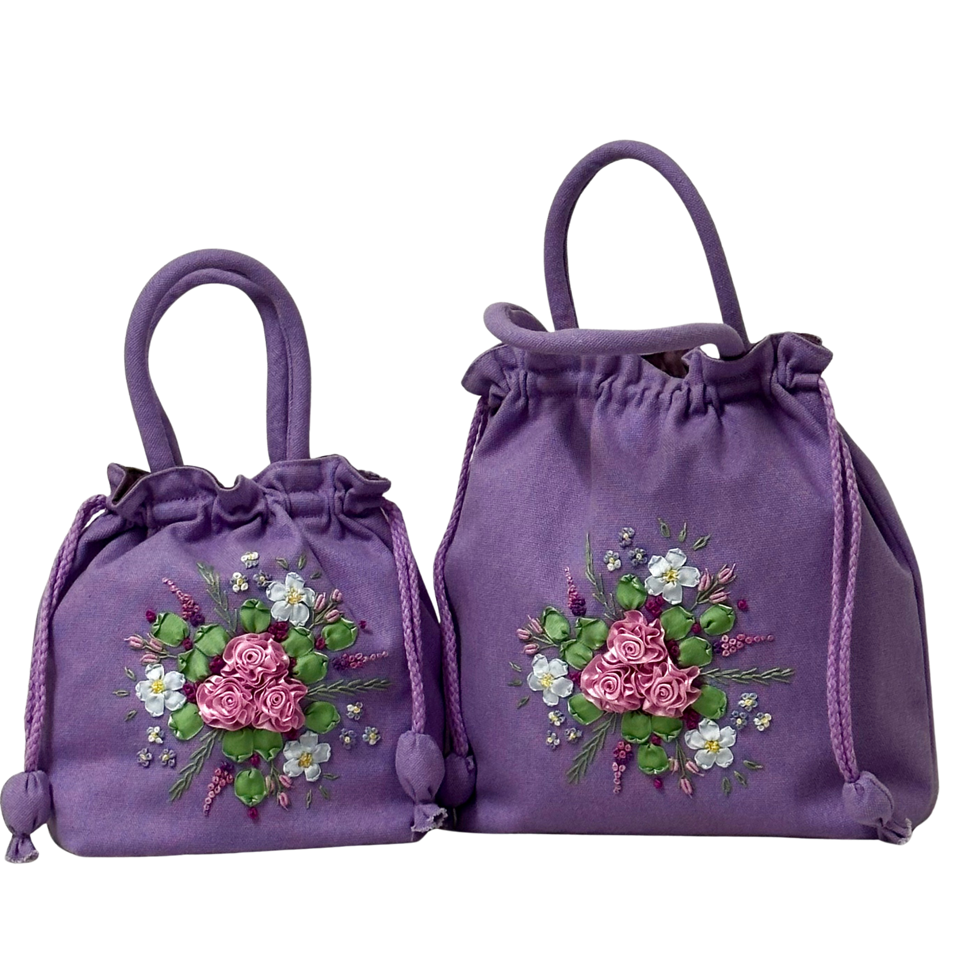Two lavender drawstring bags with floral ribbon embroidery 