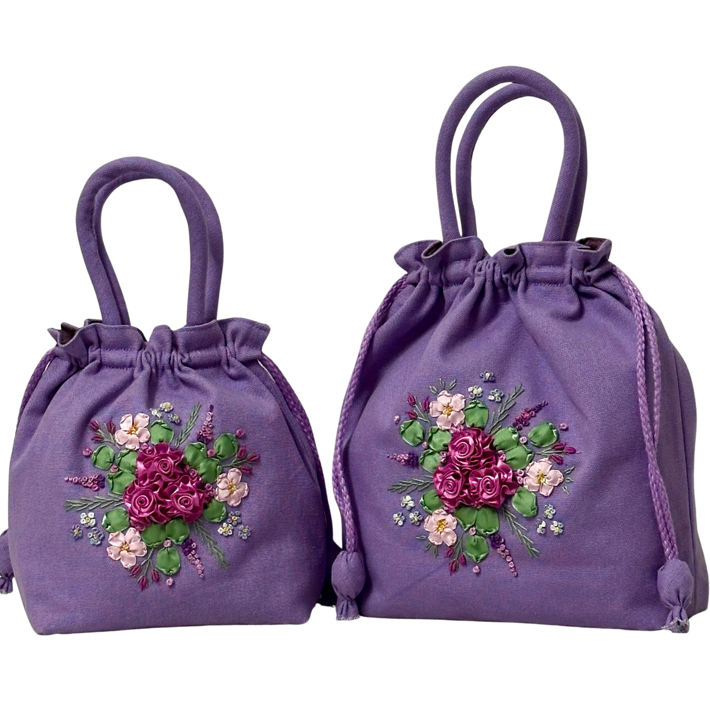 Lavender mother and daughter drawstring bags with floral ribbon embroidery on a white background