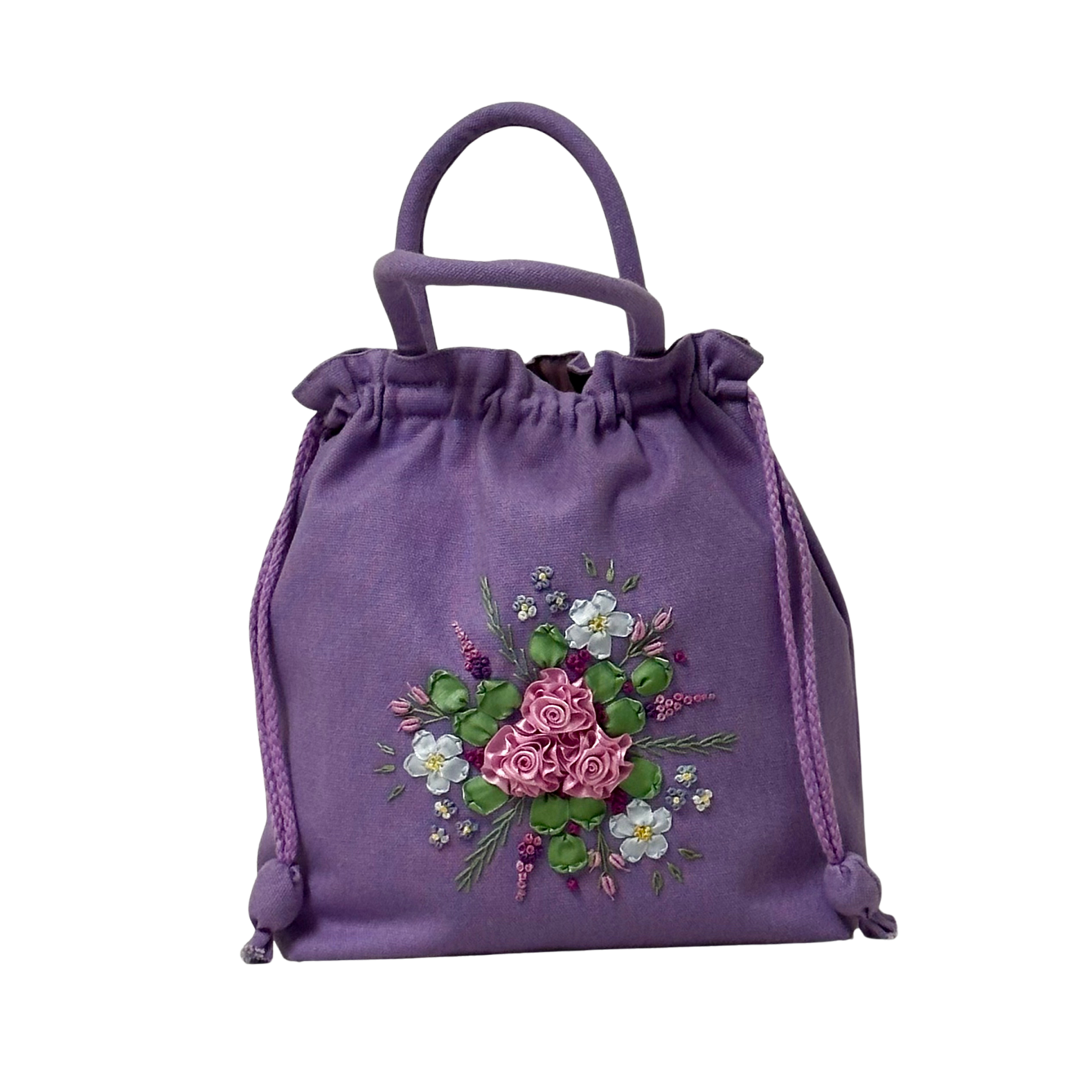 Lavender drawstring bag with ribbon embroidery on a white background 
