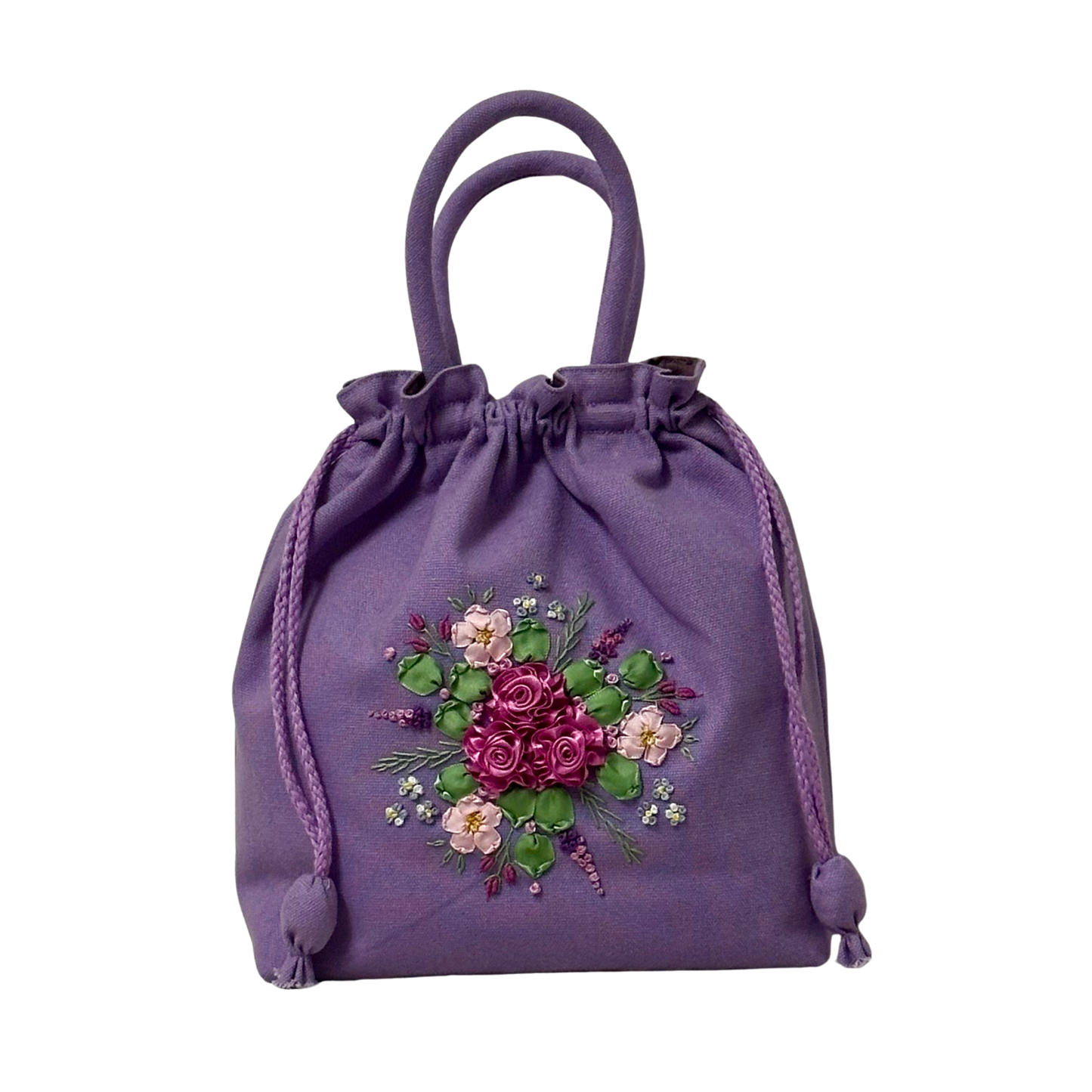 Lavender drawstring bag with floral ribbon embroidery on a white background