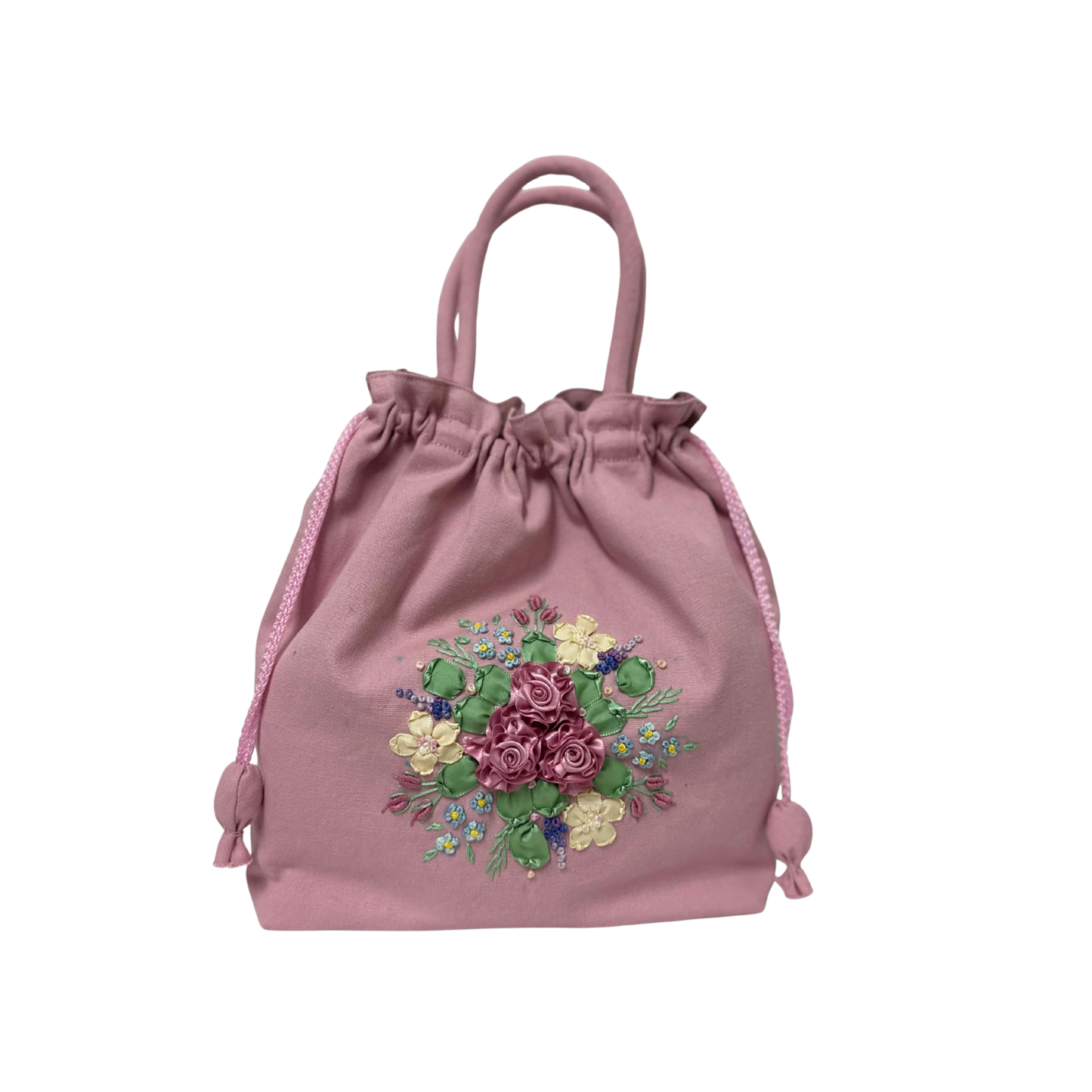 Dusty Pink drawstring bag with ribbon embroidery 