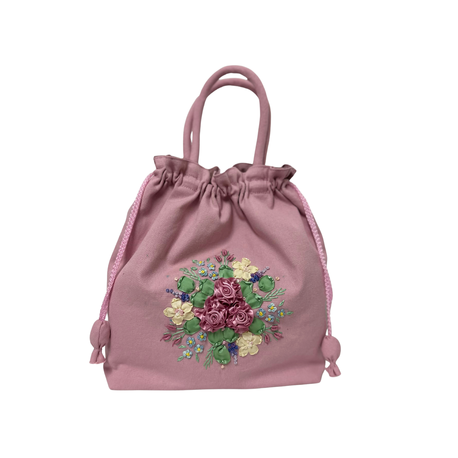 Dusty Pink drawstring bag with ribbon embroidery 